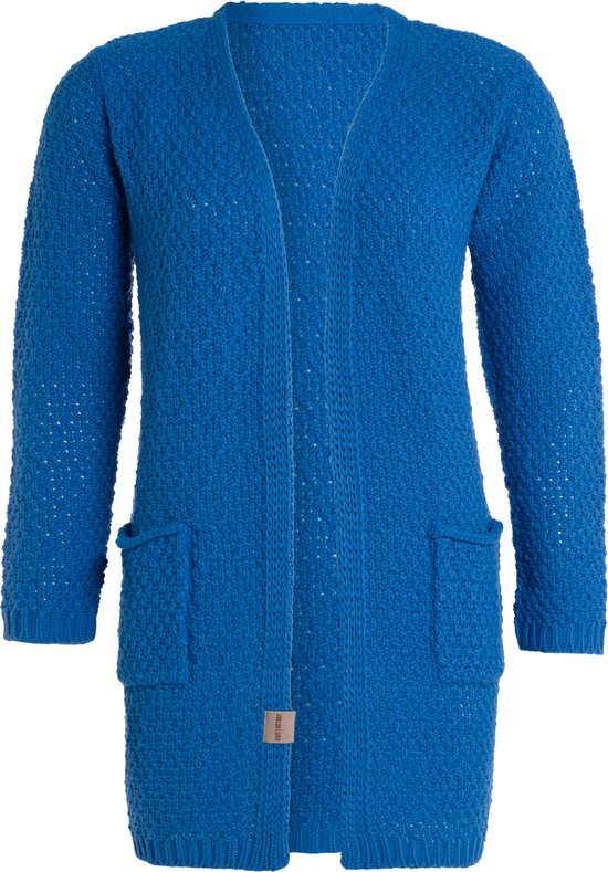 Knit Factory Luna Gebreid Vest Cobalt - Gebreide dames cardigan - Middellang vest reikend tot boven de knie - Blauw damesvest gemaakt uit 30% wol en 70% acryl - 40/42 - Met steekzakken