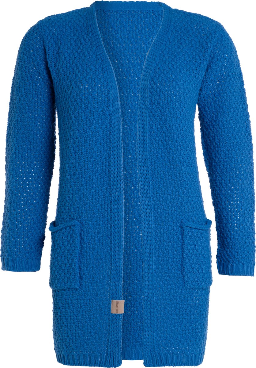 Knit Factory Luna Gebreid Vest Cobalt - Gebreide dames cardigan - Middellang vest reikend tot boven de knie - Blauw damesvest gemaakt uit 30% wol en 70% acryl - 40/42 - Met steekzakken