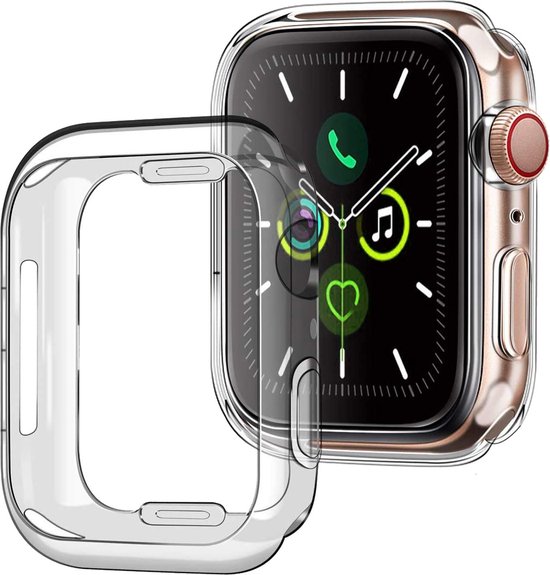 Transparante hoes voor een Apple Watch, los van het horloge. Horloge met gouden rand en wit bandje is zichtbaar.