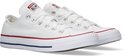 Paar witte lage Converse All Star sneakers met rode en blauwe accentstrepen op de zool.