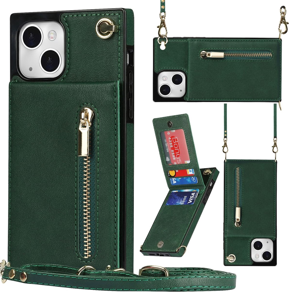 Geschikt Voor iPhone 14 Plus Hoesje Met Koord - Solidenz Portemonnee Hoes - Telefoonhoesje Met Koord 14 Plus - Wallet Case - Cover Hoes Met Koordje - Backcover Met Koord 14 Plus - Groen