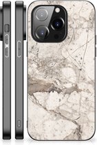 GSM Hoesje iPhone 14 Pro Hoesje Bumper met Zwarte rand Marmer Beige