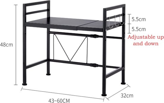 Magnetronovenrek, keukenrek, keukenwand gemonteerde potten en pannenrek magnetronoven opslaghouder met 6 haken, houten wandplank voor keuken badkamer slaapkamer voorraadkast (Maat: 50 cm