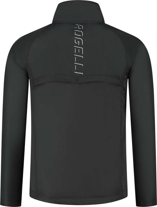 Zwart hardloopjack voor heren, achterkant met opdruk 'ROGELLI'.