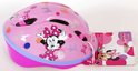 Roze helm met stippen en strikjes, met Minnie Mouse-opdruk. Blauwe en paarse rand.