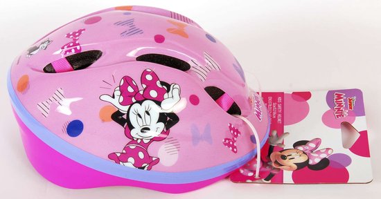 Roze helm met stippen en strikjes, met Minnie Mouse-opdruk. Blauwe en paarse rand.