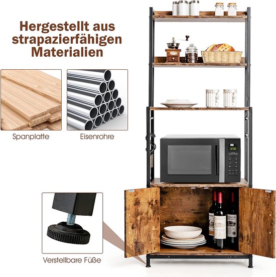 COSTWAY Keukenrek met 4 planken, bakkersrek, opbergrek, metaal, staand rek, kantelbescherming, keukenkast voor keuken eetkamer, vintage industrieel rek, opbergrek, bruin