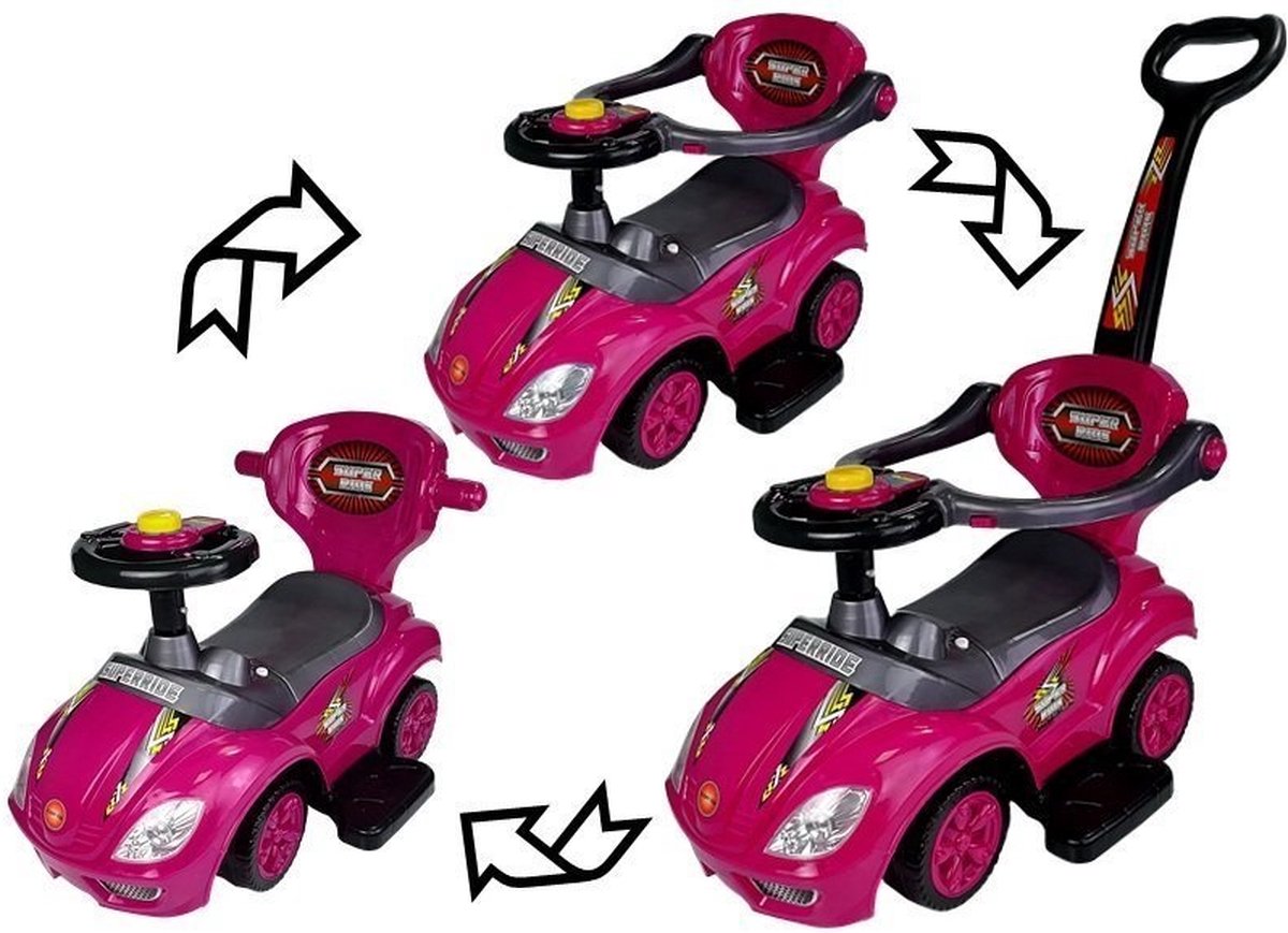 Loopauto met duwstang meegroeiend roze