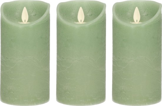 3x Jade groene LED kaarsen / stompkaarsen 15 cm - Luxe kaarsen op batterijen met bewegende vlam