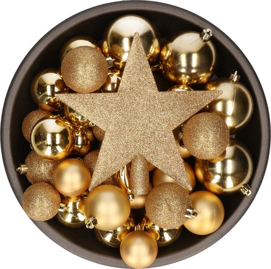 Décorations de Noël de Noël Boules de Noël en plastique or 5-6-8 cm paquet de 45x pièces - Avec étoile en plastique de 19 cm