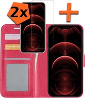 Hoesje Geschikt voor iPhone 14 Hoes Bookcase Flipcase Book Cover Met 2x Screenprotector - Hoes Geschikt voor iPhone 14 Hoesje Book Case - Donkerroze