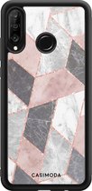 Casimoda® telefoonhoesje - Geschikt voor Huawei P30 Lite - Stone grid marmer / Abstract marble - Zwart TPU hoesje - Backcover - Roze - Geometrisch patroon