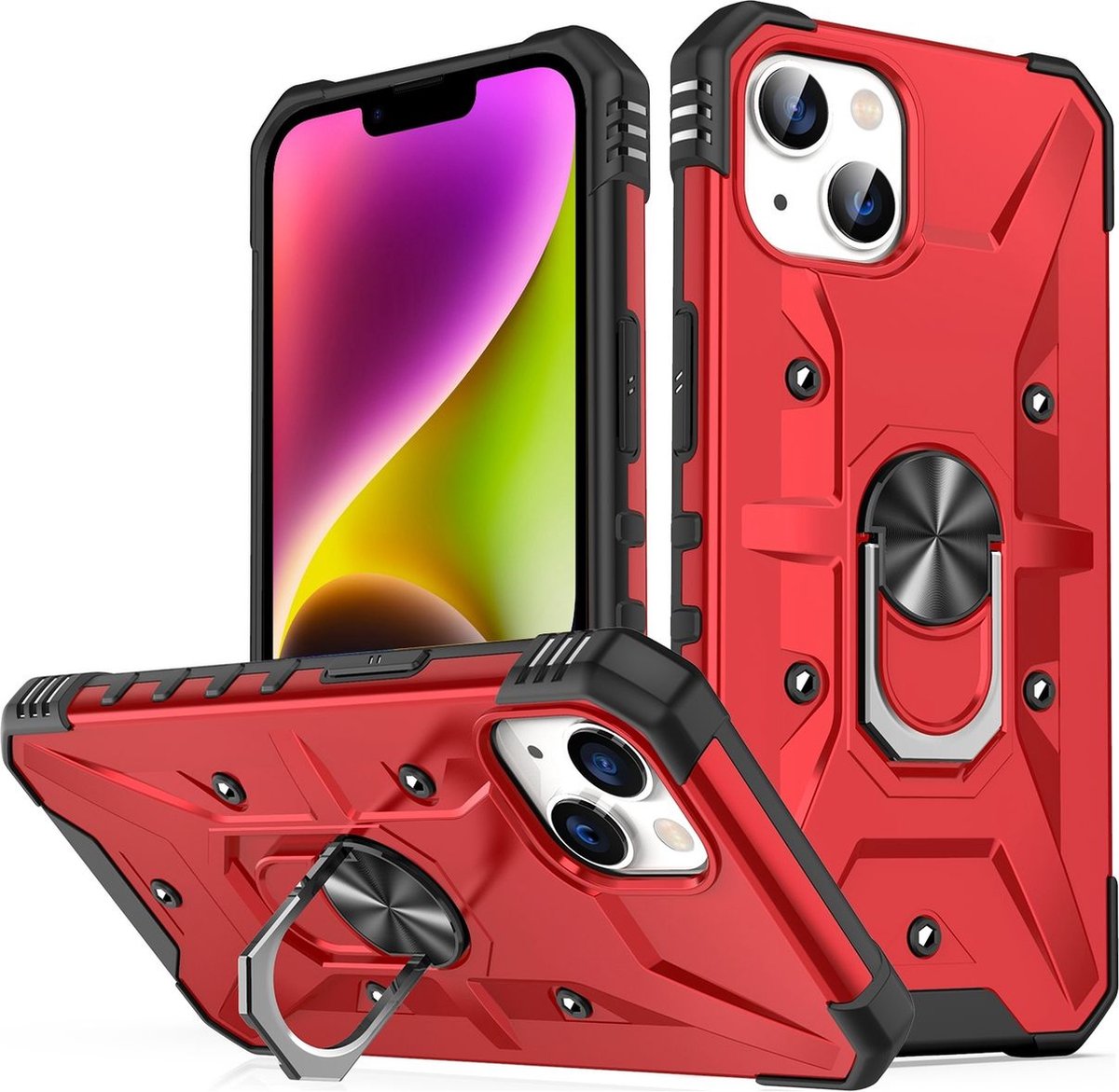 Mobigear Hoesje geschikt voor Apple iPhone 14 Plus Telefoonhoesje Hardcase | Mobigear Armor Ring Backcover Shockproof met Ringhouder | Schokbestendig iPhone 14 Plus Telefoonhoesje | Anti Shock Proof - Rood
