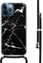 Casimoda® hoesje met koord - Geschikt voor iPhone 12 Pro Max - Marmer Zwart - Afneembaar koord - Siliconen/TPU - Zwart