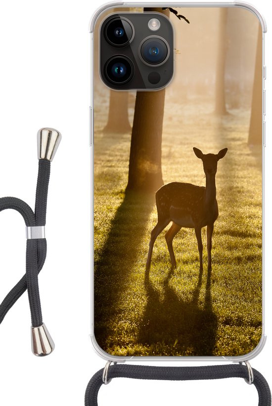 Coque de téléphone compatible avec Apple iPhone 14 Pro Max - Cerf - Soleil - Arbres - Siliconen - Bandoulière - Coque arrière avec cordon - Coque de téléphone avec cordon - Coque avec corde