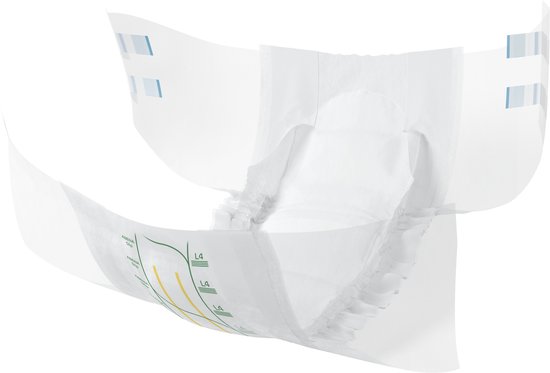Een opgevouwen Abena Slip Premium L4 luier met groene en gele markeringen.