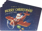 Placemat met Kerstman in een vliegtuig - Donkerblauw / Multicolor - Polypropyleen - 43 x 28 cm - Set van 4 - Eten - Merry christmas