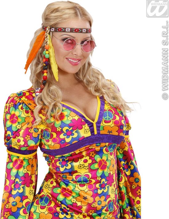 Widmann - Hippie Kostuum - Hippie Hoofdband Met Kraaltjes En Veren - Multicolor - Carnavalskleding - Verkleedkleding