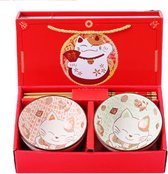 Kommen set Lucky Cat - 2 Kommetjes met eetstokjes in geschenkverpakking - Aardewerk Schaaltjes - Kom voor rijst, soep, yoghurt etc.