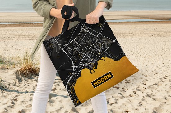 Sac bandoulière - Sac de plage - Shopper City Map - Corne - Or - Zwart - 40x40 cm - Sac en coton