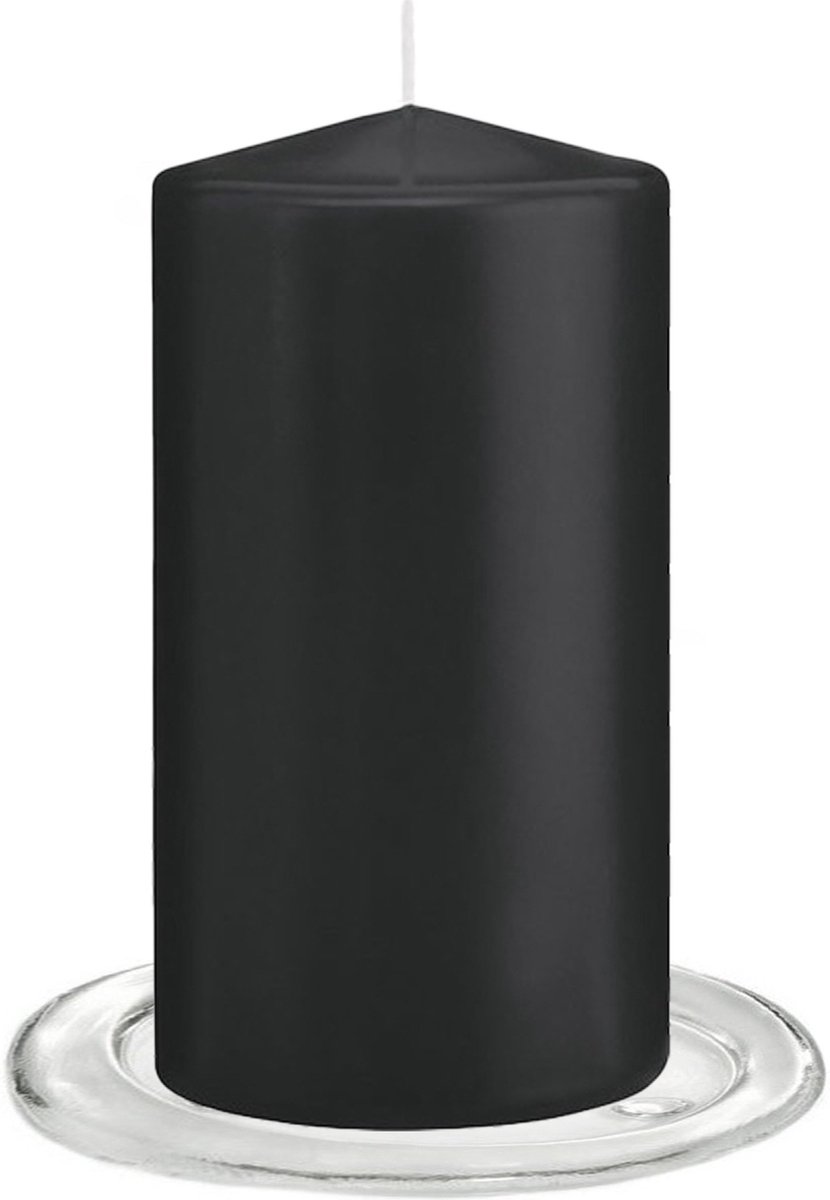 Trend Candles - Stompkaarsen met glazen onderzetters set van 2x stuks zwart 8 x 15 cm