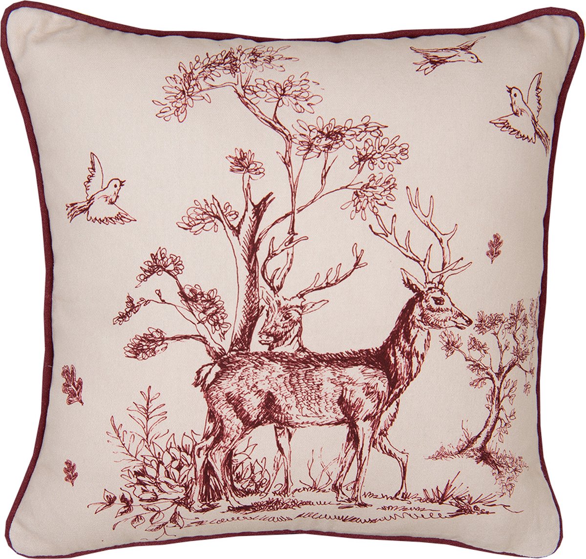 Clayre & Eef Kussenhoes 40x40 cm Wit Roze Katoen Vierkant Rendier Sierkussenhoes