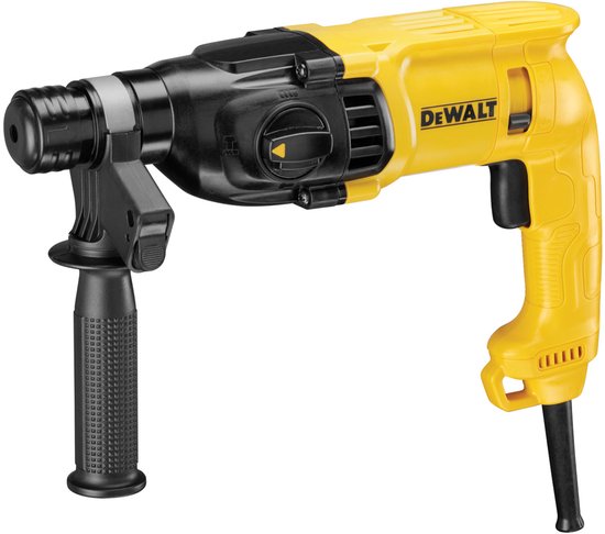 Gele DeWalt boorhamer met zwarte details en handgreep.