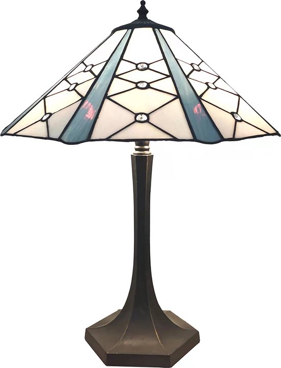 LumiLamp Tiffany Tafellamp Ø 42x54 cm Wit Grijs Glas Zink Tiffany Bureaulamp