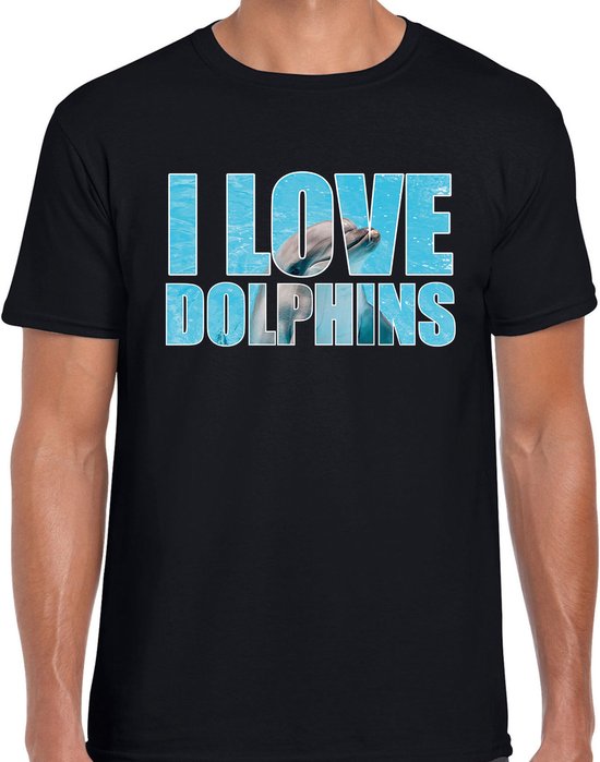 Tekst shirt I love dolphins met dieren foto van een dolfijn zwart voor heren - cadeau t-shirt dolfijnen liefhebber M