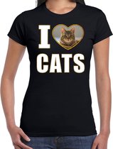 I love cats t-shirt met dieren foto van een bruine kat zwart voor dames - cadeau shirt katten liefhebber L