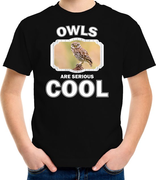 Dieren uilen t-shirt zwart kinderen - owls are serious cool shirt  jongens/ meisjes - cadeau shirt steenuil/ uilen liefhebber - kinderkleding / kleding 134/140