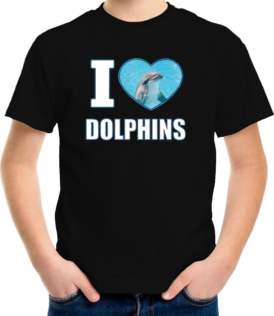 I love dolphins t-shirt met dieren foto van een dolfijn zwart voor kinderen - cadeau shirt dolfijnen liefhebber - kinderkleding / kleding 122/128