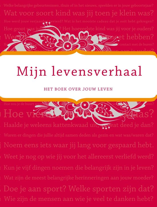 Voorpagina 'Mijn levensverhaal' met vragen over je leven en herinneringen. Rode achtergrond met witte tekst en bloemenversiering.