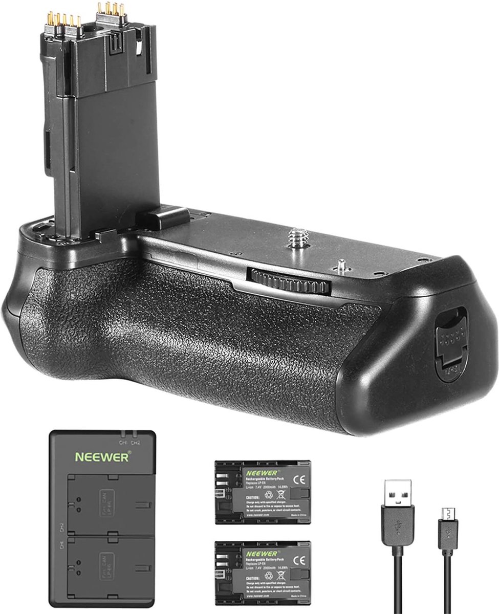 Neewer® - Batterijgreephouder (reservehandvat voor Canon BG-E14) en 2 stuks 2000mAh LP-E6 LP-E6N Reservebatterij Met Micro-USB-Ingang - Dubbele oplader Geschikt voor Canon EOS 70D 80D Camera DSLR