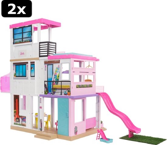 Poupée et maison de poupée Barbie, ensemble de jeu portable à 1 étage avec  piscine 