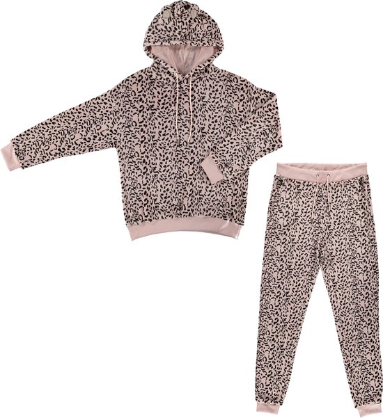 Foto: Apollo dames huispak loungewear luipaard print fleece incl capuchon roze maat l xl