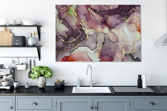 Tableau sur toile Marbre - Rouge - Violet - Or - 140x90 cm - Décoration murale