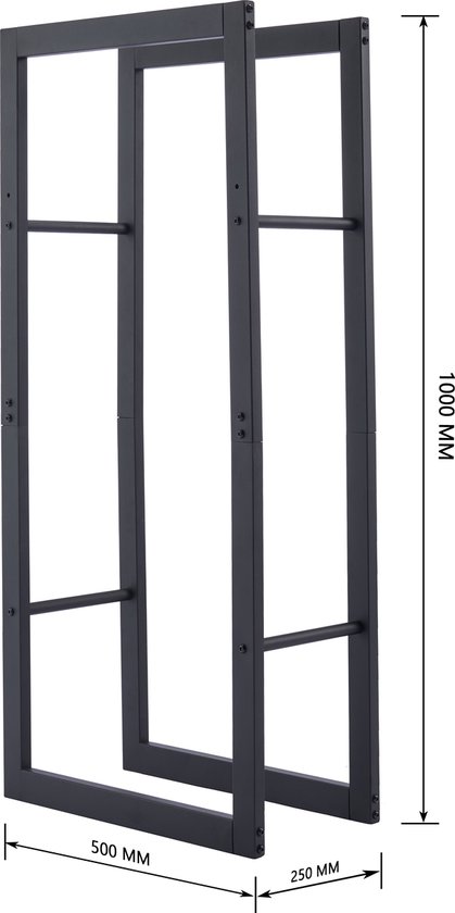 Zwarte metalen open haardhouthouder met afmetingen: 50x25x100cm.