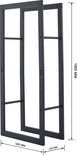 Zwarte metalen open haardhouthouder met afmetingen: 50x25x100cm.