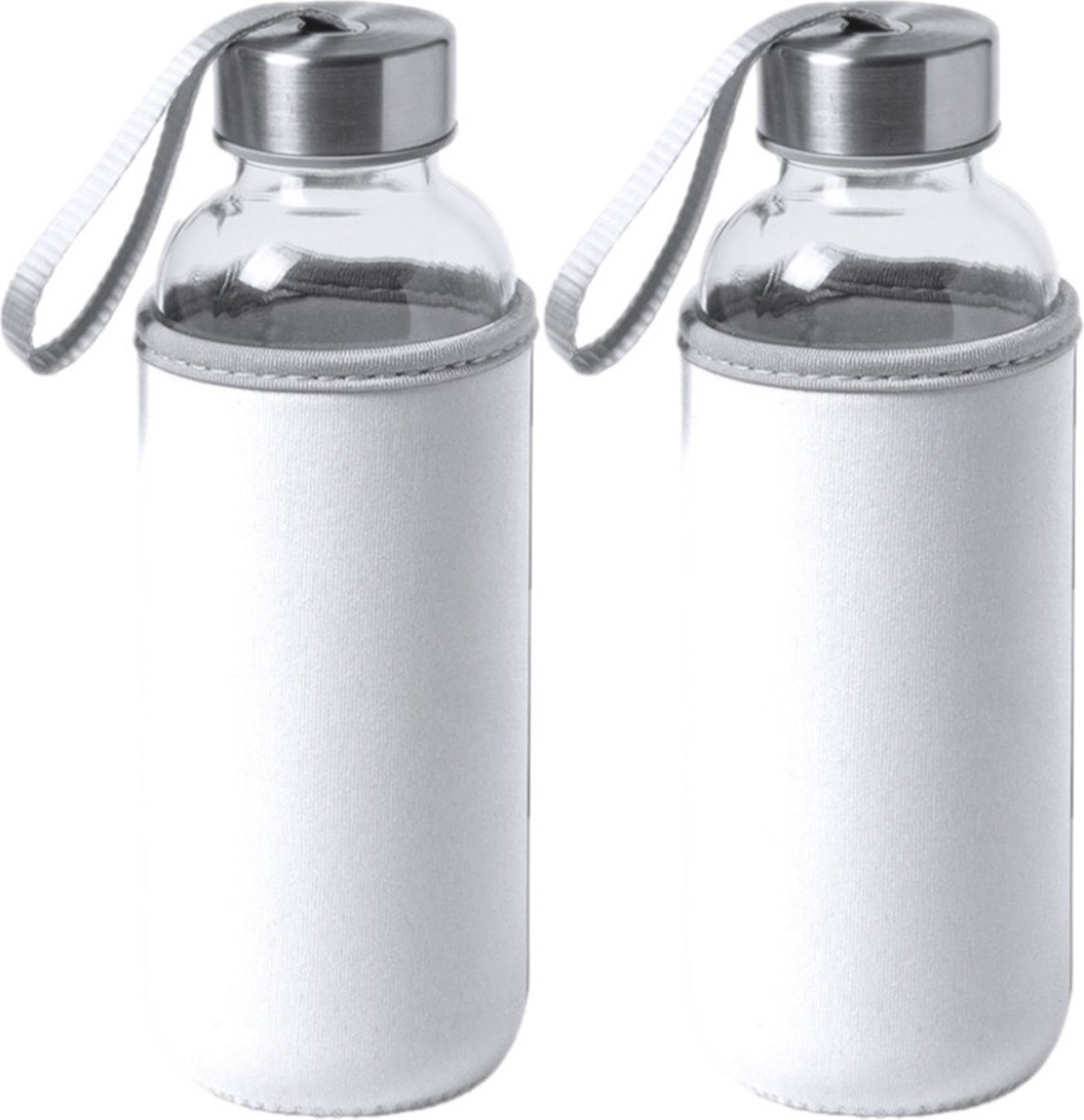 2x Stuks glazen waterfles/drinkfles met witte softshell bescherm hoes 420 ml - Sportfles - Bidon