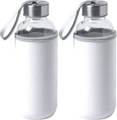 2x Stuks glazen waterfles/drinkfles met witte softshell bescherm hoes 420 ml - Sportfles - Bidon