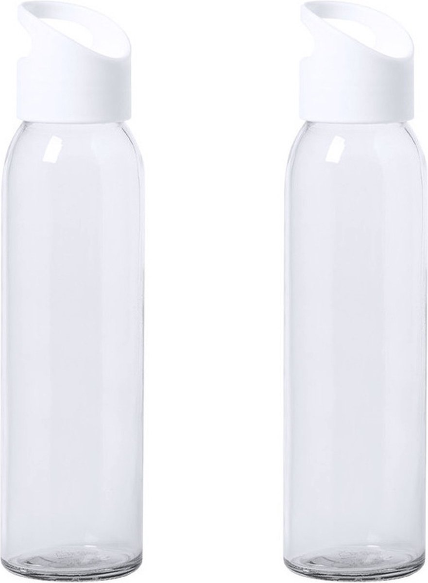 2x Stuks glazen waterfles/drinkfles transparant met schroefdop met handvat 470 ml - Sportfles - Bidon
