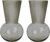 Set van 2x stuks grijsgroene bolvazen met lange uitlopende geribbelde hals - Vazen met geribbeld glas