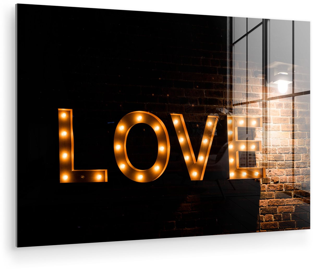 ® Glasschilderij 60x40 cm - Schilderij acrylglas - Quotes - Love - Gloeilamp - Liefde - Fo