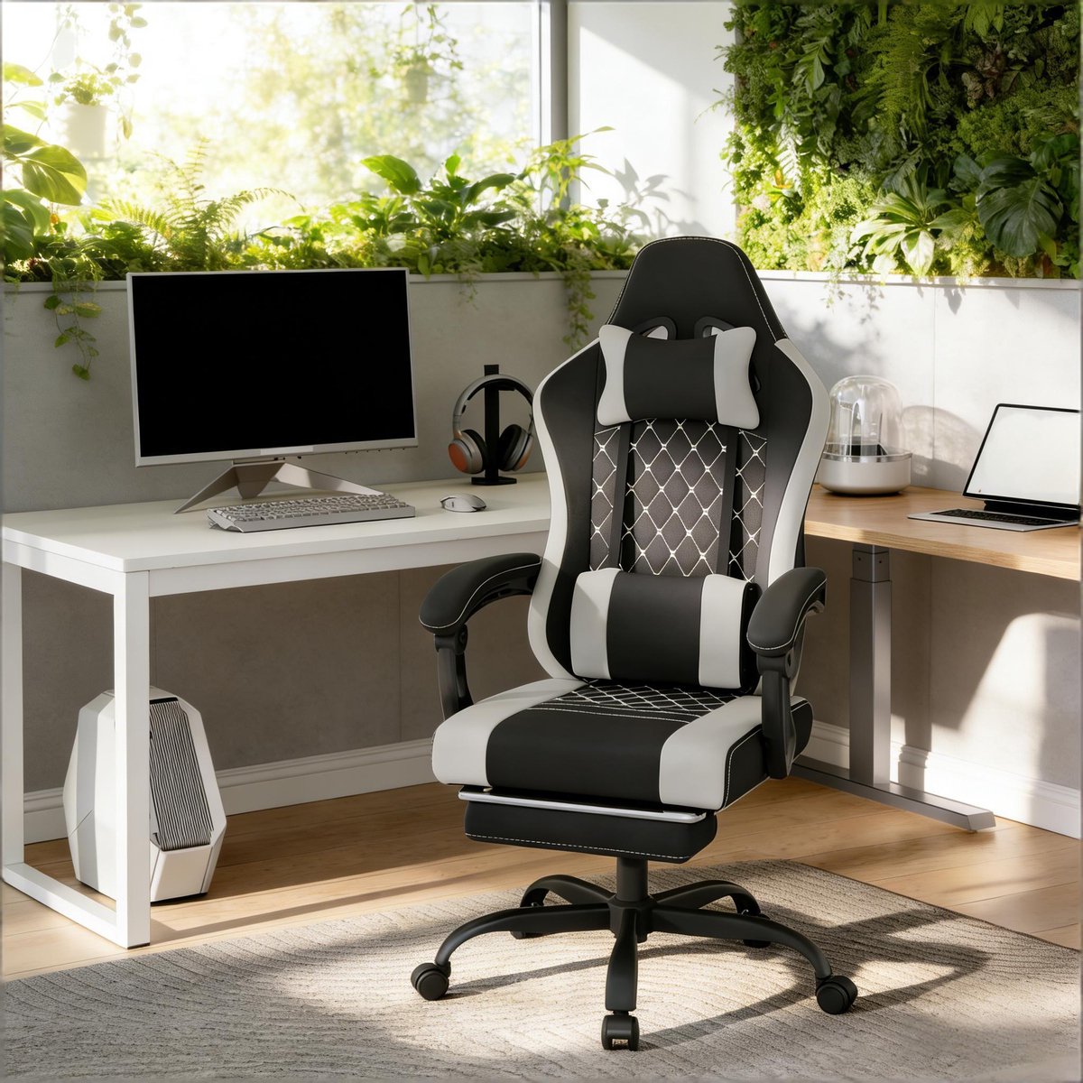 Gamestoel - Gaming chair - Gaming stoel - Verstelbare Ergonomische Gamestoel met Voetsteun - Met leuning - Grijs