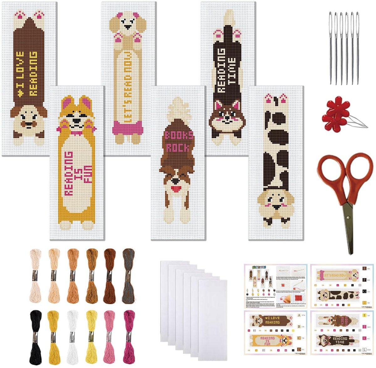 aladdien - 6-delige Kruissteek Boekenlegger Kit - Dieren Motief - Voor Beginners - Creatieve Hobby - Handwerken en Borduren - Leuk Cadeau