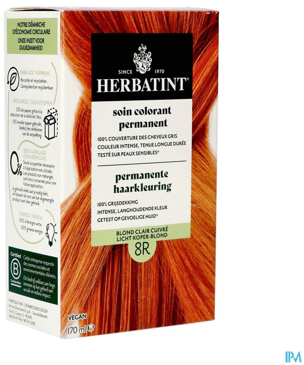 Herbatint 8R Licht Koper Blond – permanente vegan haarkleuring – Met 8 plantenextracten – 170 ml