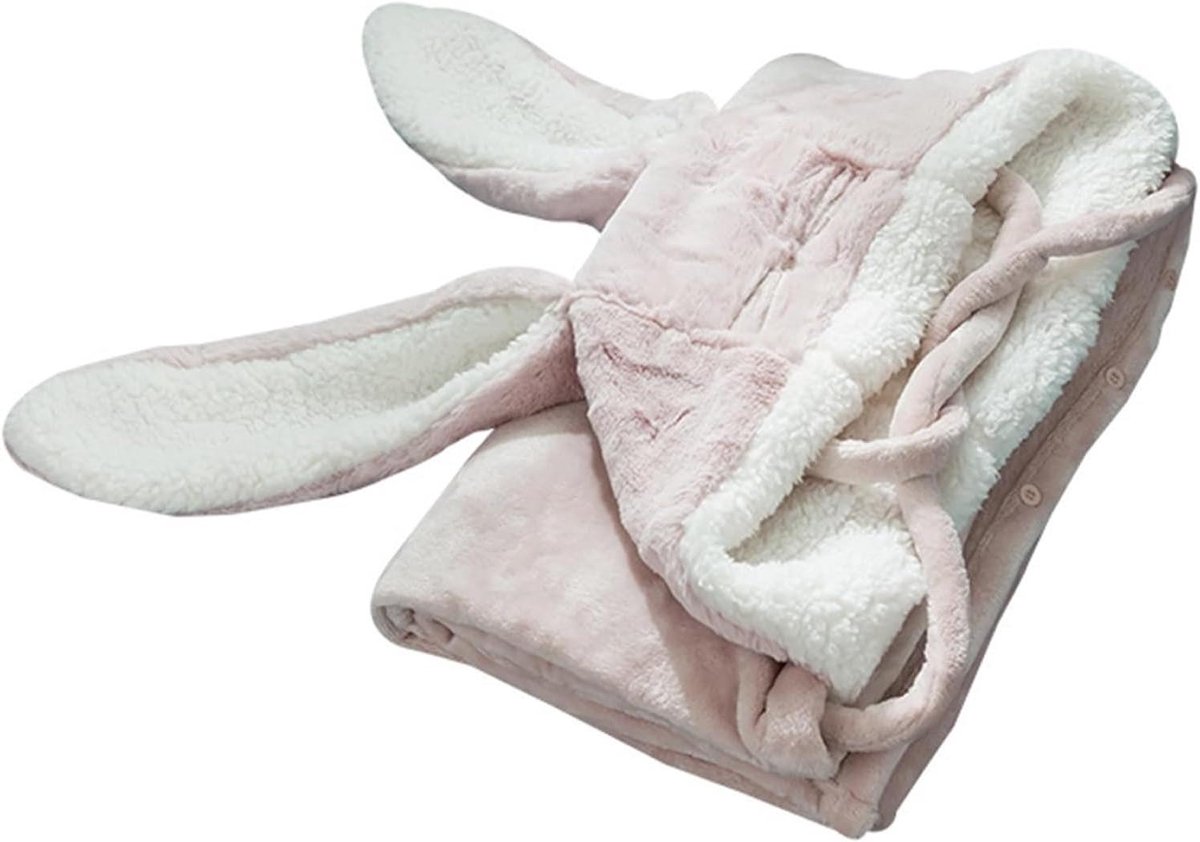 Deken met capuchon - Draagbare deken - Warm blijven - Konijnenoren ontwerp - Groot formaat - Zacht roze