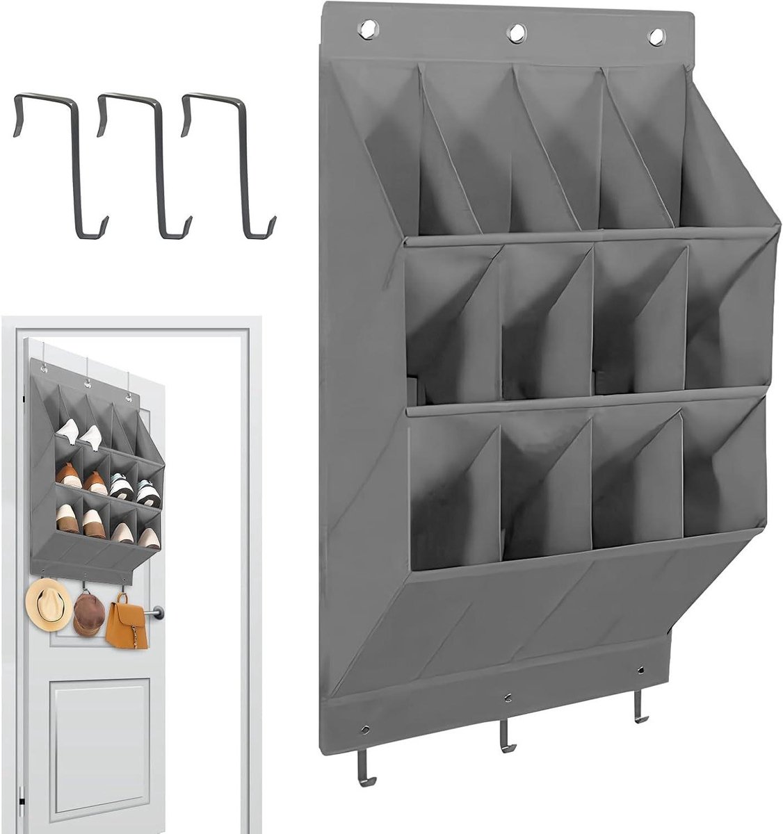 Opbergtas Deur - Schoenenrek - Ruimte Besparen - 12 Vakken - 90 cm Hoog - Grijs