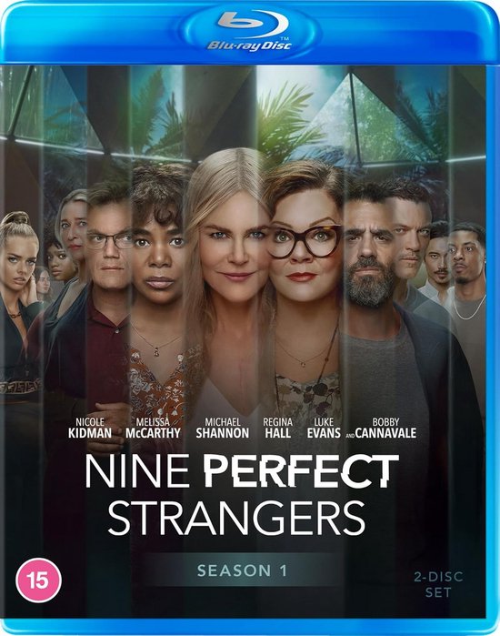 De cover van de Blu-ray disc van 'Nine Perfect Strangers' seizoen 1, met een poster van de cast.